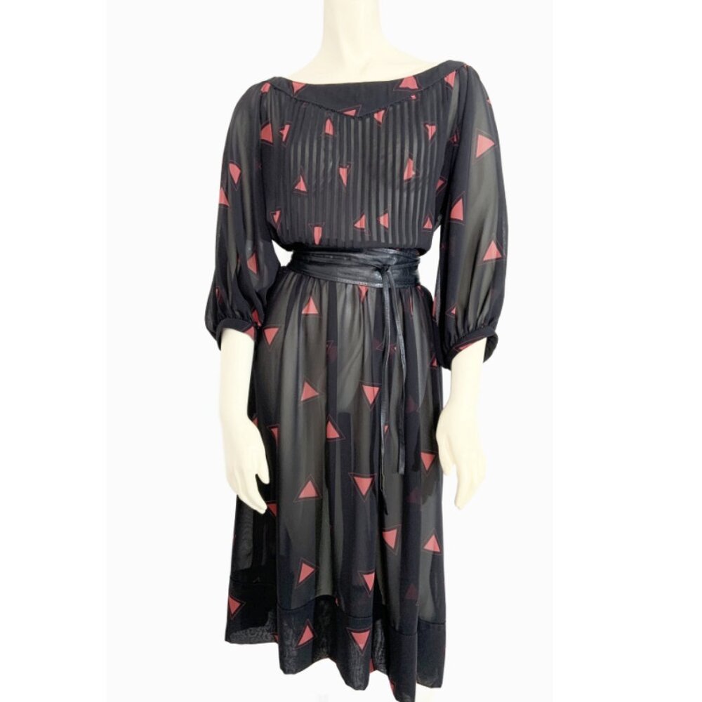 Vintage ALBERT NIPON Black Midi Dress with Red Triangle Print / Small - Medium
